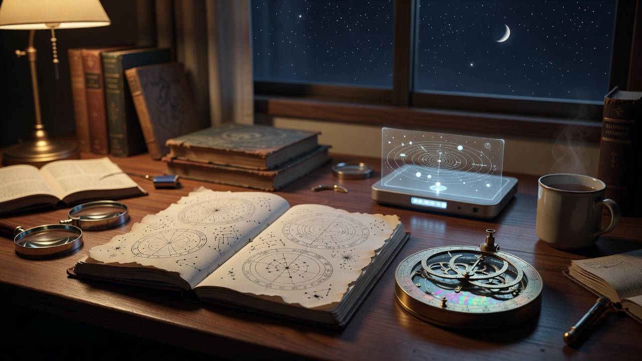 新月滿月觀察情境：人物在暗色夜空下打開觀月筆記，天空不繪月相序列
