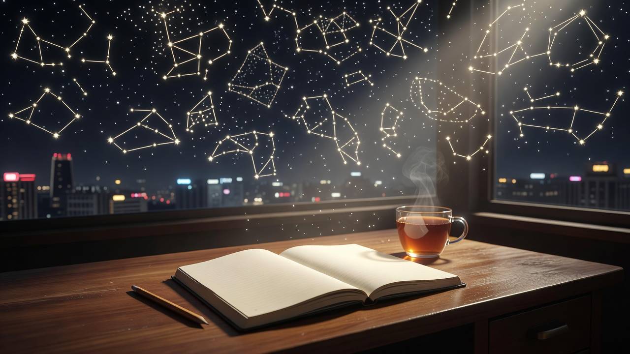 新月滿月目標整理情境：窗邊桌上放著空白筆記本、鉛筆與一杯茶，無神秘符號