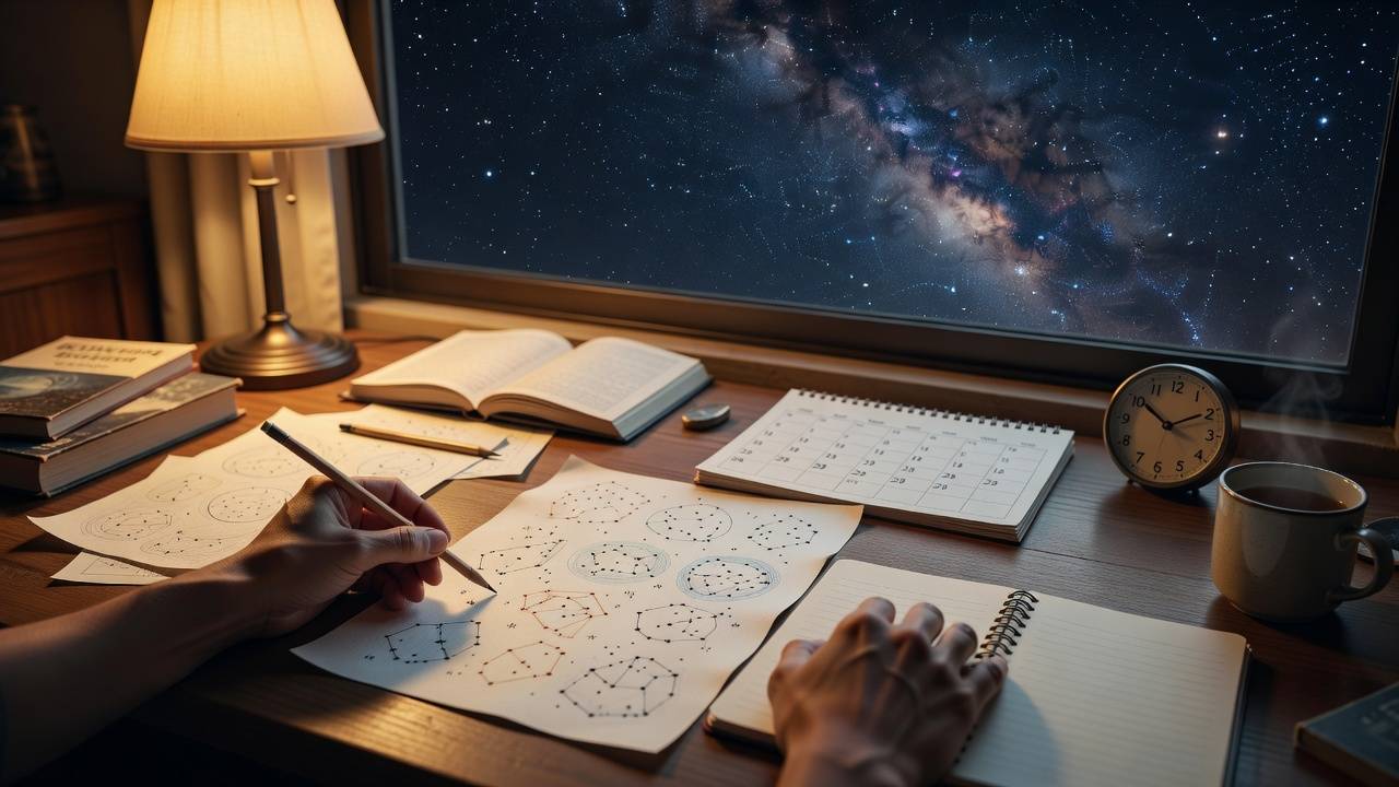 行星移位查詢情境：桌面有行事曆、時鐘與筆記，手正在核對日期，無數字星盤
