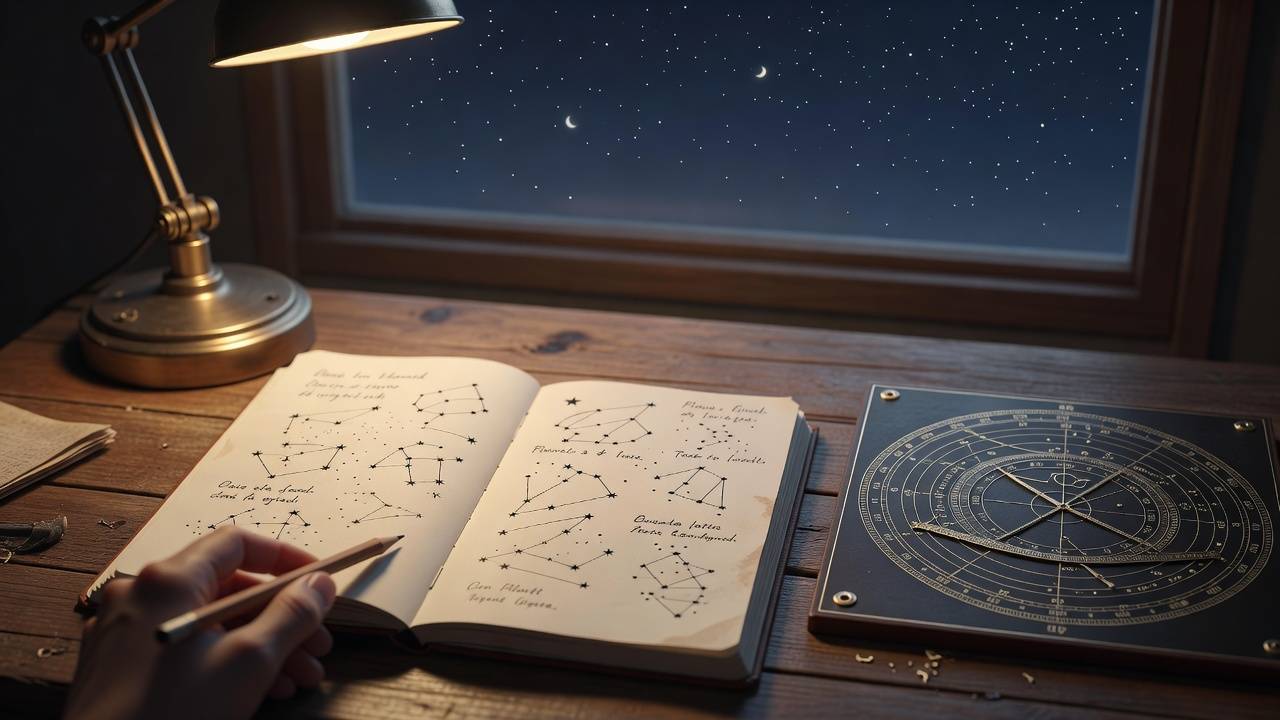 行星移位學習情境：觀察者在窗邊用筆記本整理星象名詞，背景為簡單夜空，無精確星盤圖