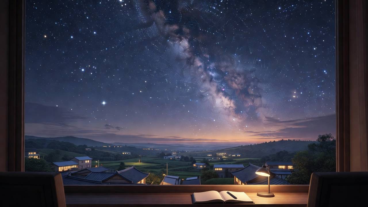 水逆是什麼：觀察者在暮色中用筆記本記錄星空的情境插畫，無軌道示意線